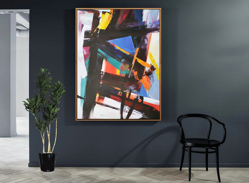 Modern Art Abstract Painting,Vertical Palette Knife Contemporary Art,Large Wall Art Canvas,Black,Blue,Orange,Red.etc